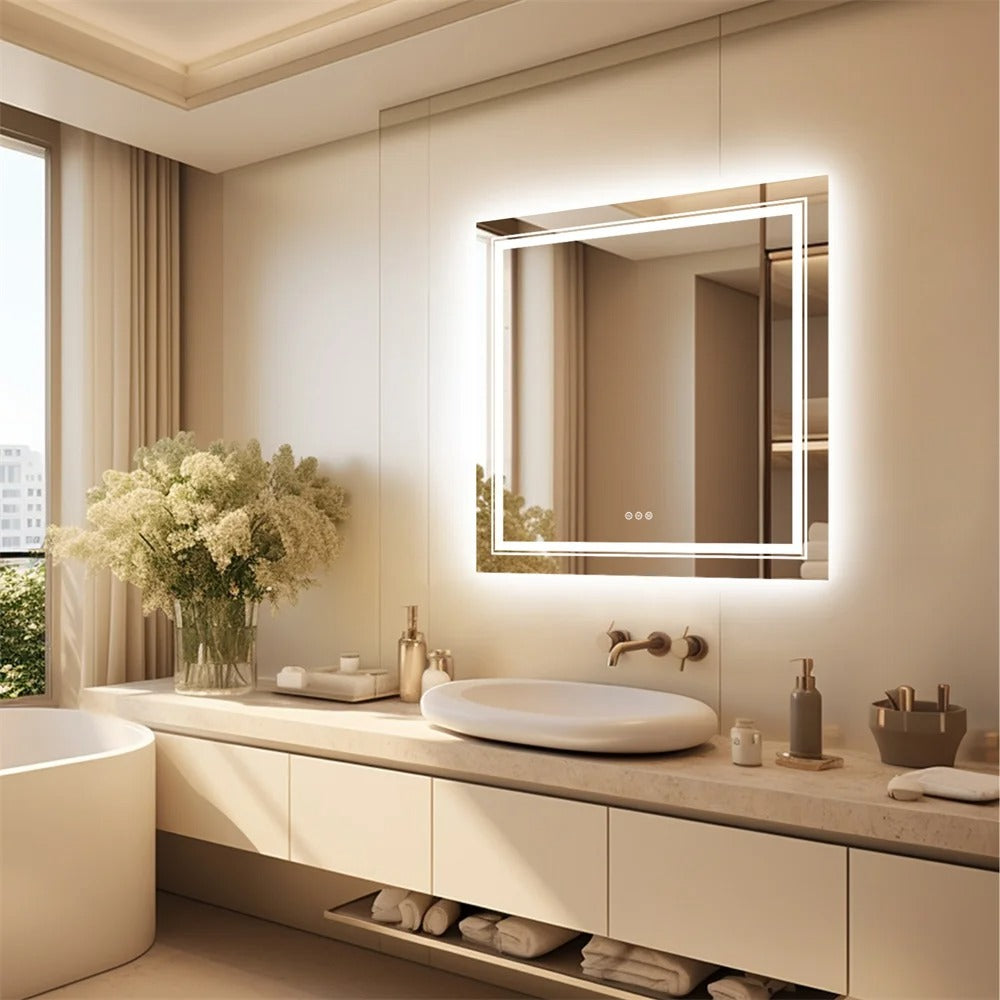 Double Light Square LED Illuminated Mirror Bathroom Makeup Mirror with Dimmable,Anti-Fog