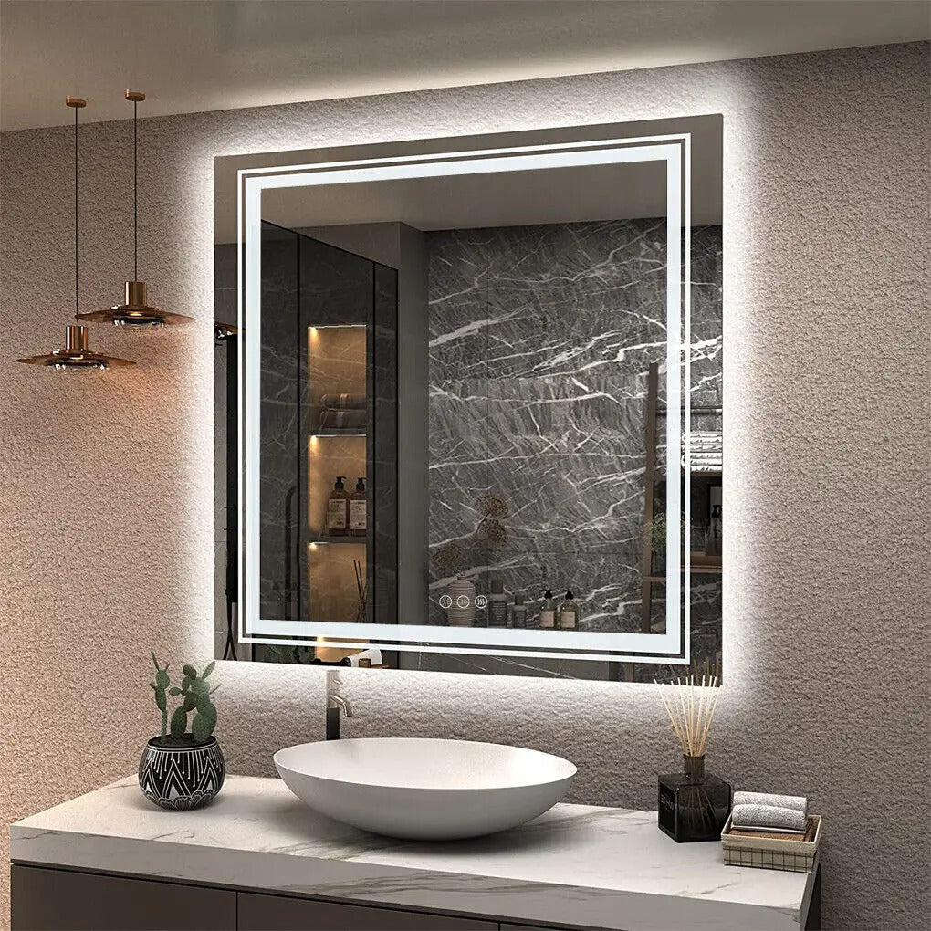 Double Light Square LED Illuminated Mirror Bathroom Makeup Mirror with Dimmable,Anti-Fog