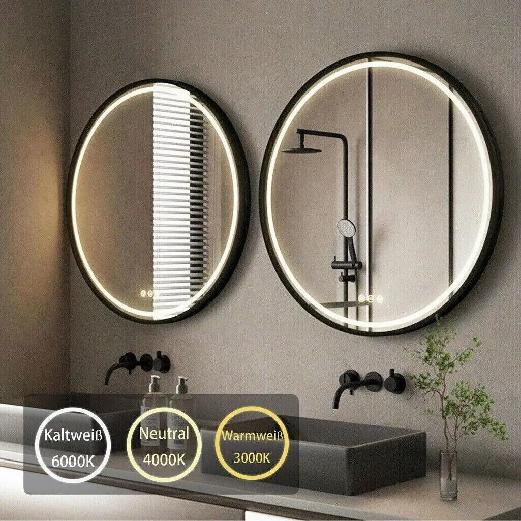 Black Frame Round Bathroom Mirrorwith Front Light, Anti-Fog & Dimmable Touch Switch
