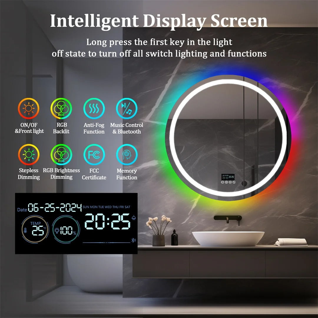 Round Glitzy RGB,Smart LED mirror With Bluetooth Speakers,Double Light LED Bathroom Mirror ,Anti-Fog