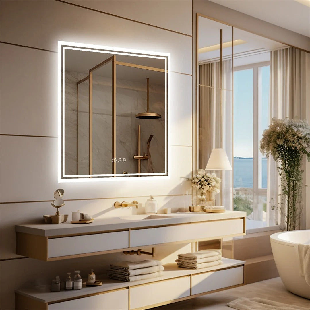 Backlit Light Square LED Makeup Bathroom Mirror or Wall Mounted, Vanity Mirror Frameless ,Anti-Fog