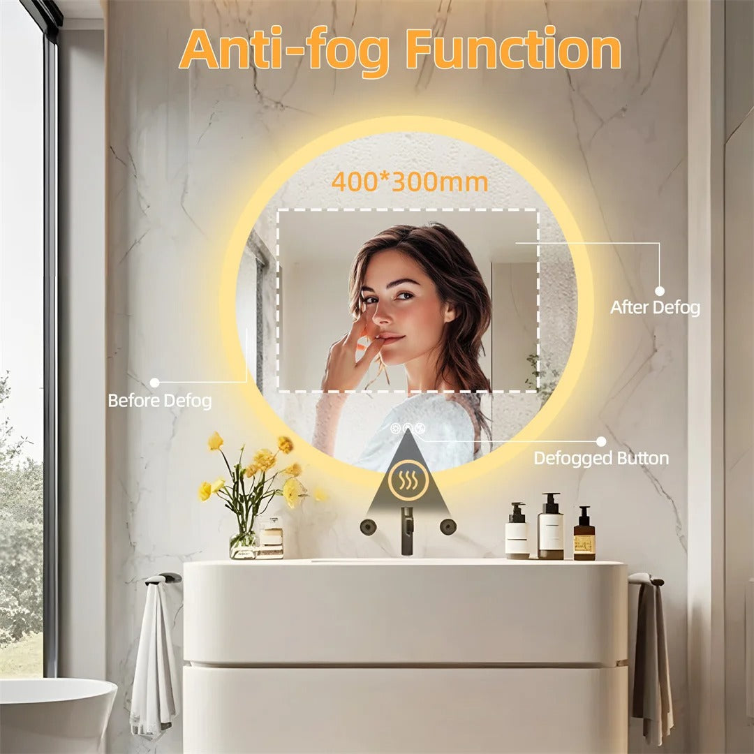 32-Inch Round LED Bathroom Mirror with Bluetooth Speakers – Wall-Mounted Lighted Vanity Mirror with Anti-Fog Function