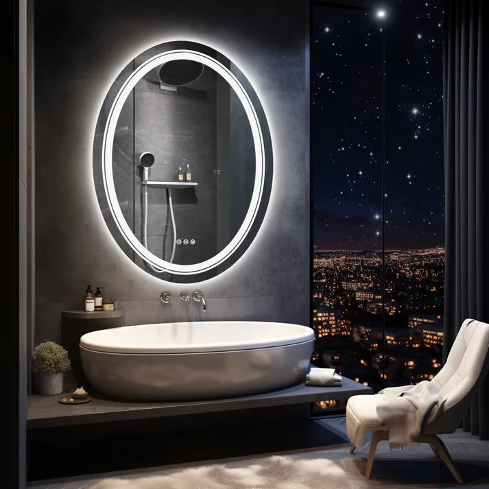 Double Light OVAL LED Illuminated Mirror Bathroom Makeup Mirror with Dimmable