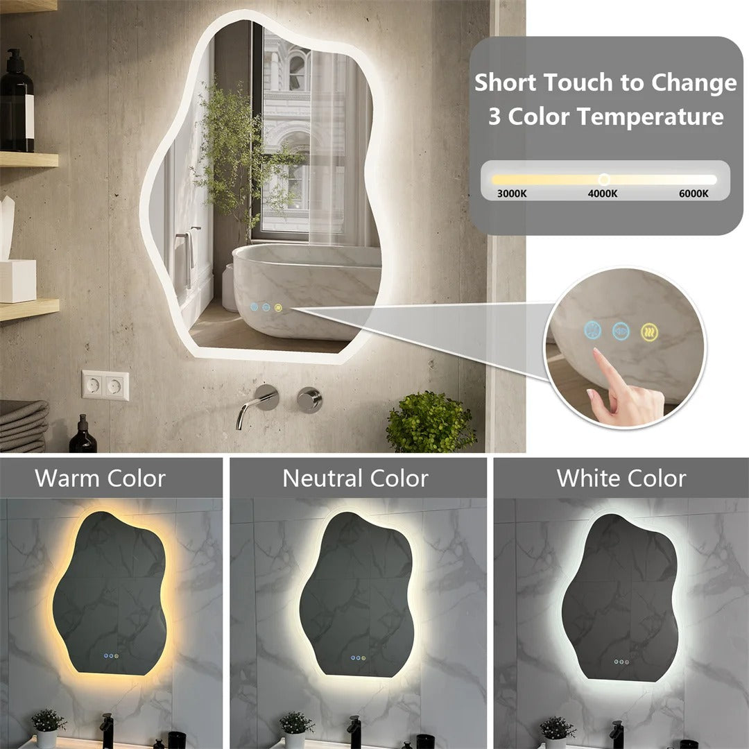 Cloud-Shaped Crystal LED Bathroom Mirror with 3-Color Backlight – 24x32" Backlit Fogless Vanity Mirror