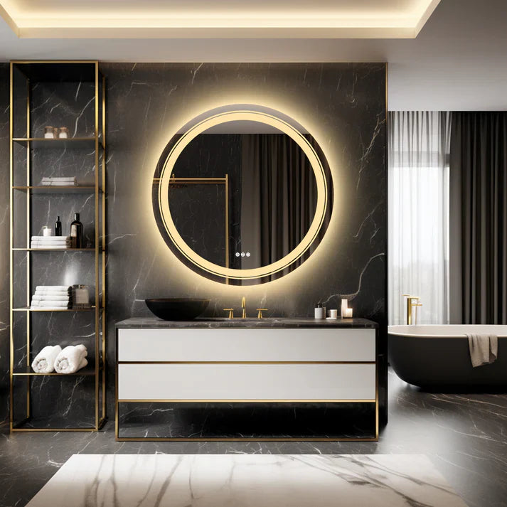 Round Double Lights LED Bathroom Smart Make up Mirror Dimmable, Anti-Fog Circle Wall Mounted Mirror