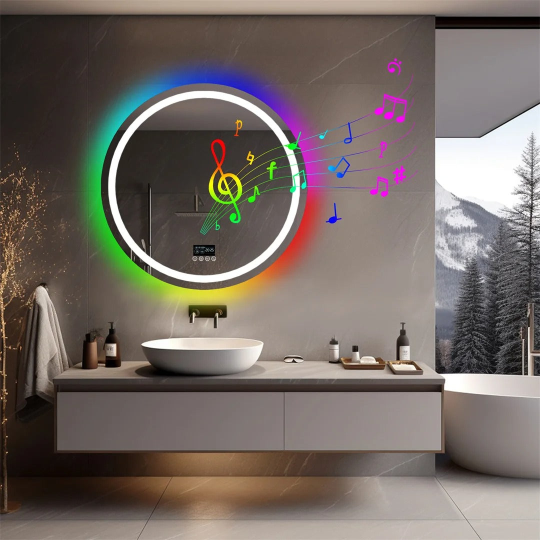 Round Glitzy RGB,Smart LED mirror With Bluetooth Speakers,Double Light LED Bathroom Mirror ,Anti-Fog