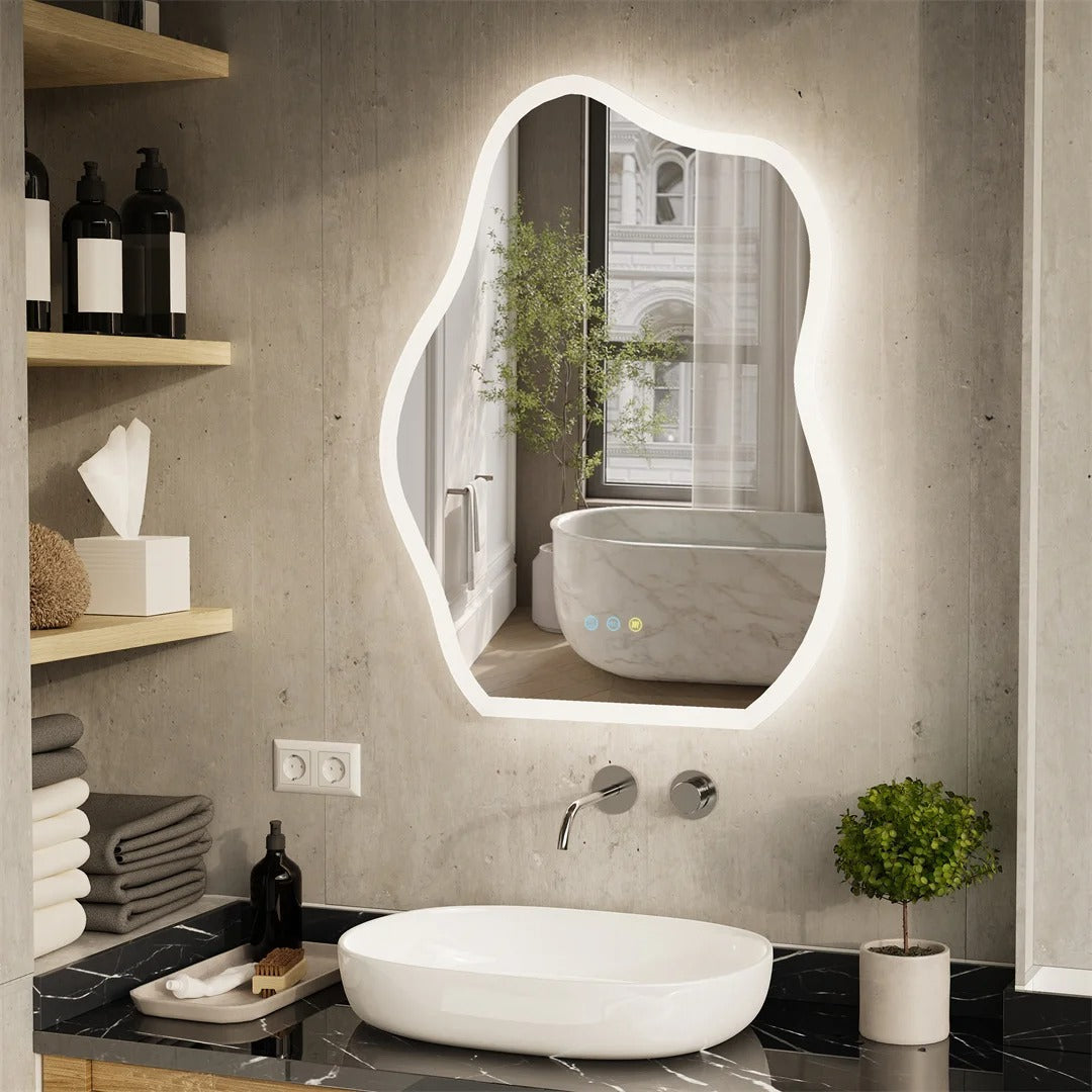 Cloud-Shaped Crystal LED Bathroom Mirror with 3-Color Backlight – 24x32" Backlit Fogless Vanity Mirror