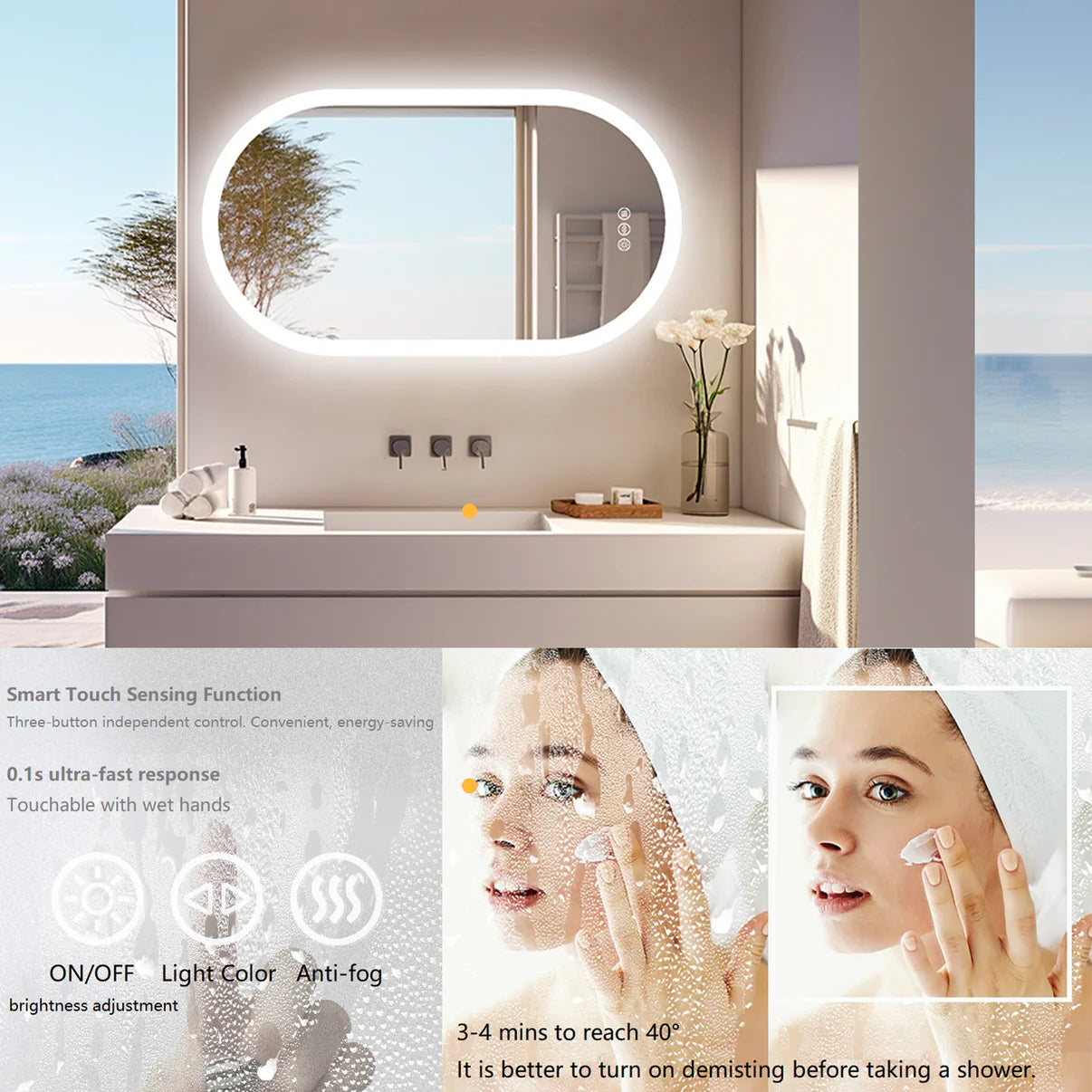 Backlit Light Oval Arched Large LED Makeup Bathroom Mirror, Anti-Fog, 3-Color Smart Mirrors