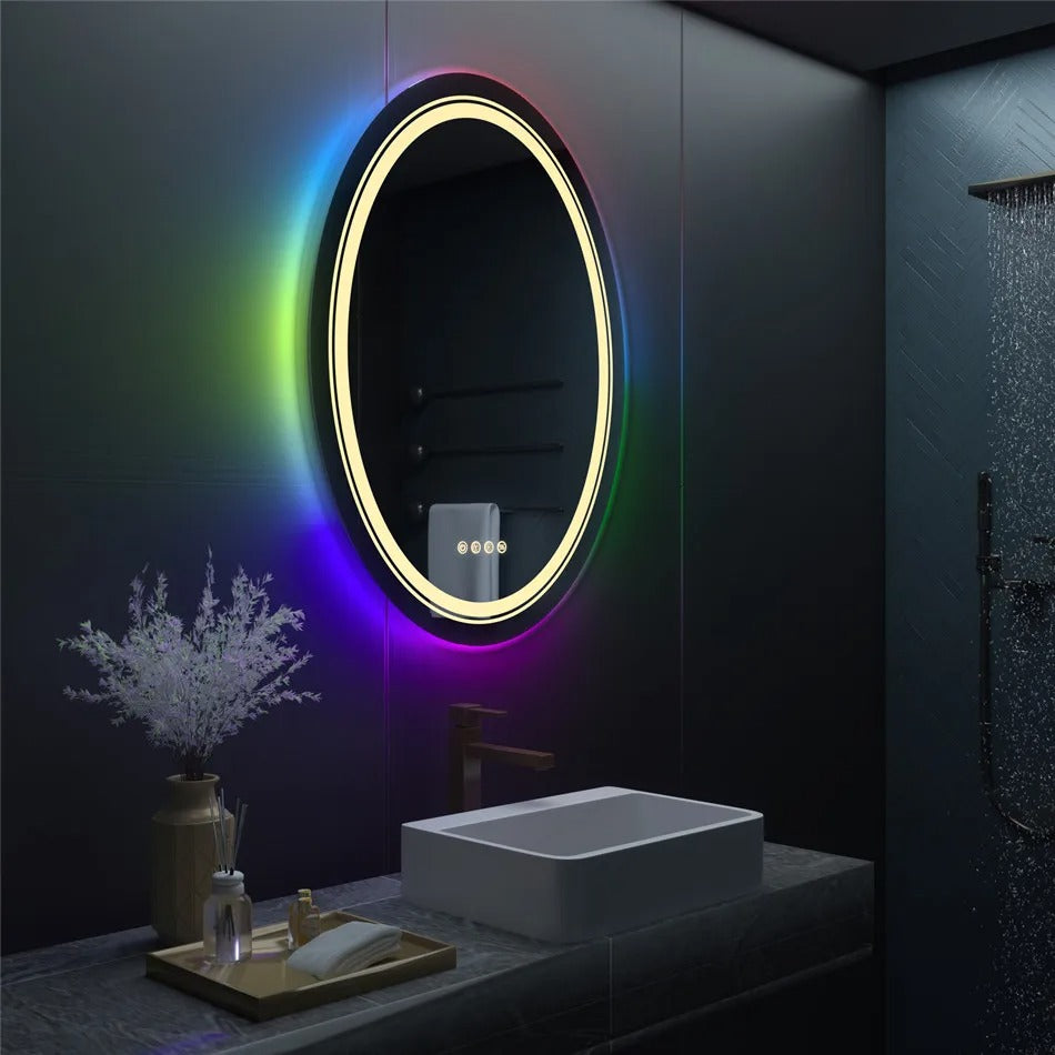 Oval Glitzy RGB Double Light LED Bathroom Mirror RGB Color Changing Dimmable Anti-Fog