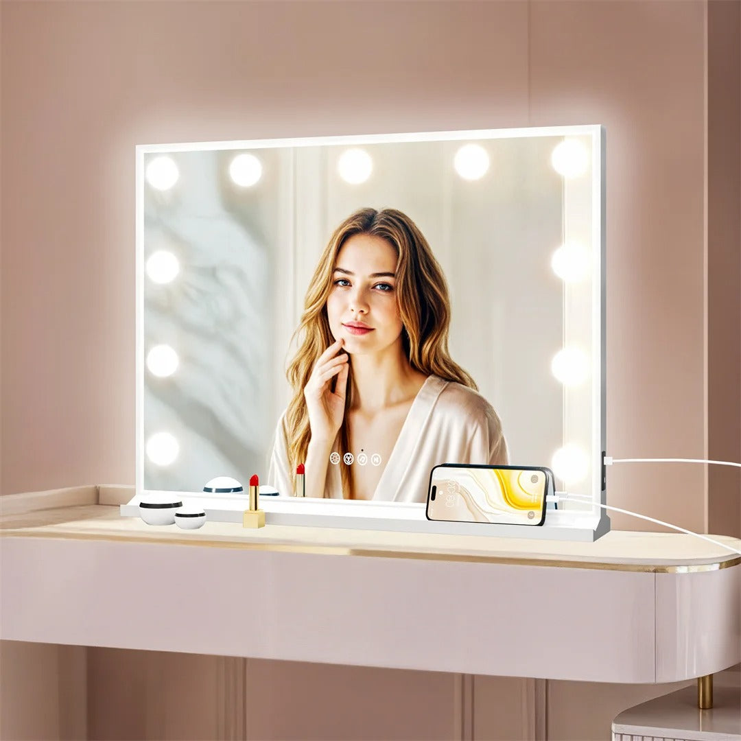 32”x24” Hollywood Lighted Makeup Mirror – Large Rectangle Tabletop RGB Vanity Mirror with Bluetooth Speakers, USB Charging & Phone Stand