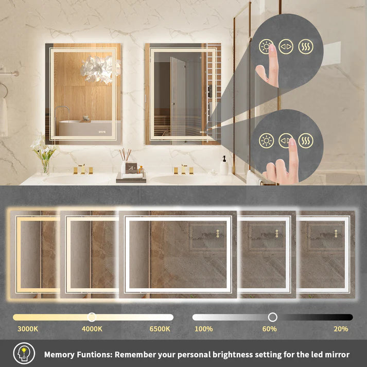 Rectangle Double Light LED Illuminated Smart Mirror Bathroom Makeup Mirror with Dimmable Anti-Fog