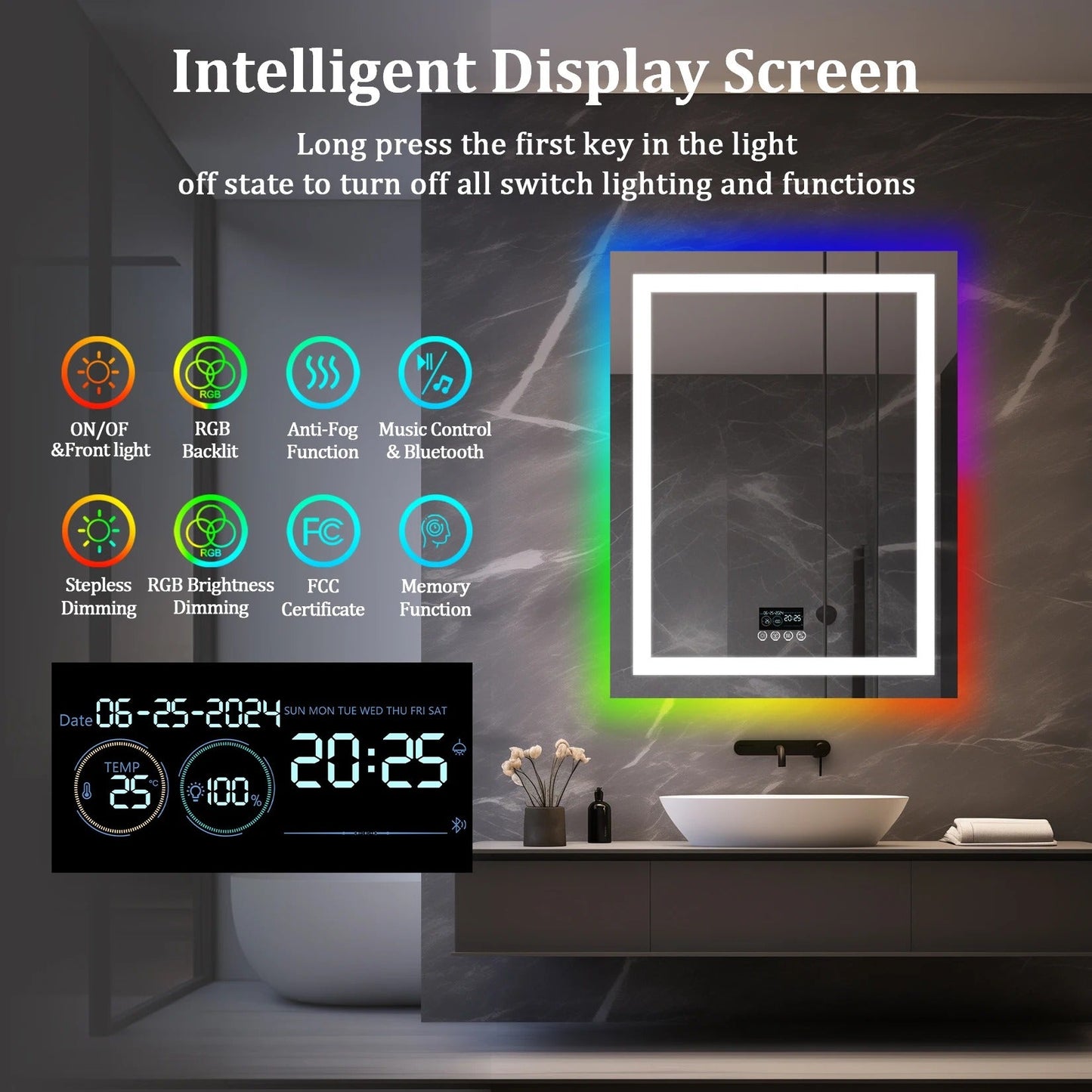 Rectangle Glitzy RGB,Smart LED mirror With Bluetooth Speakers,Double Light LED Bathroom Mirror ,Anti-Fog