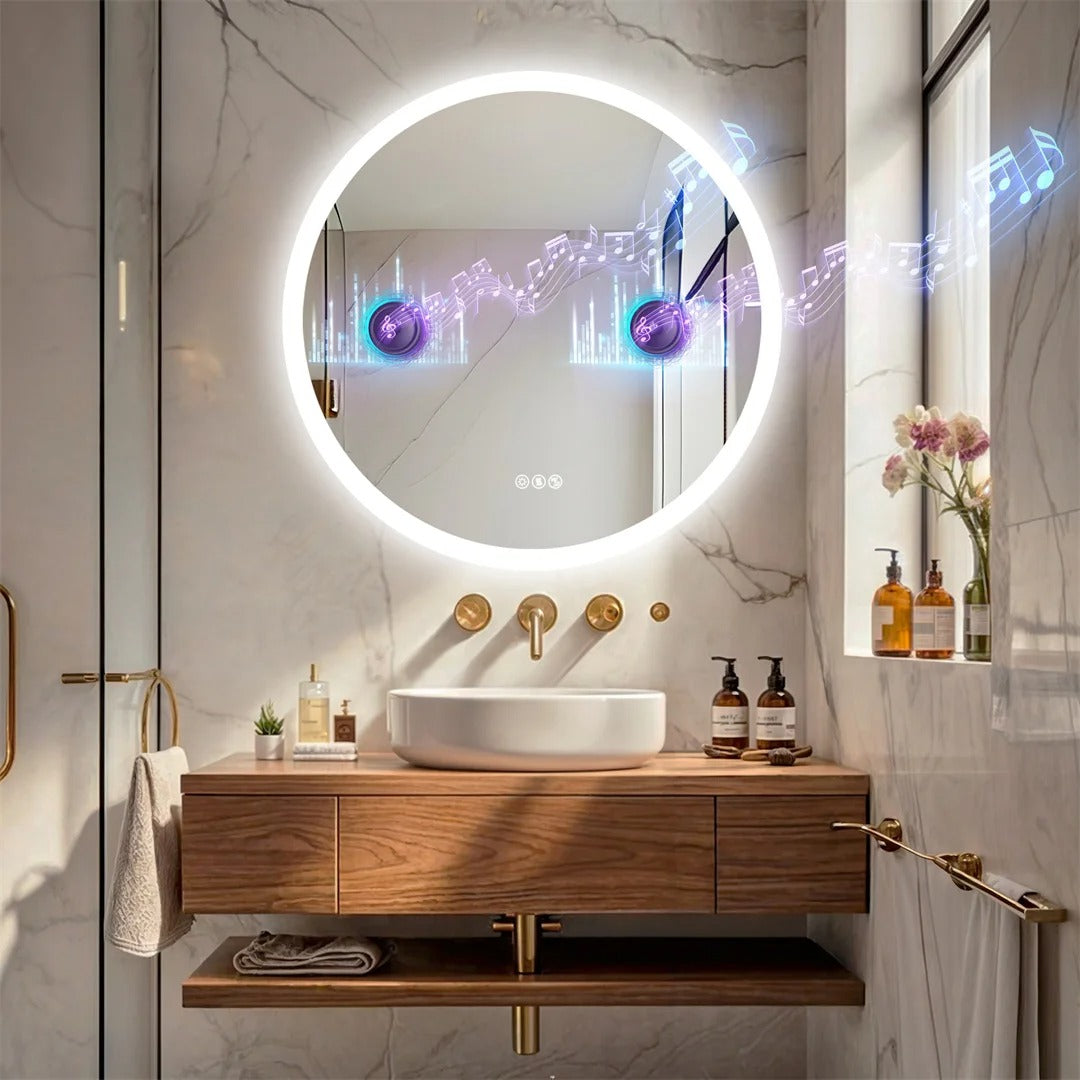 32-Inch Round LED Bathroom Mirror with Bluetooth Speakers – Wall-Mounted Lighted Vanity Mirror with Anti-Fog Function