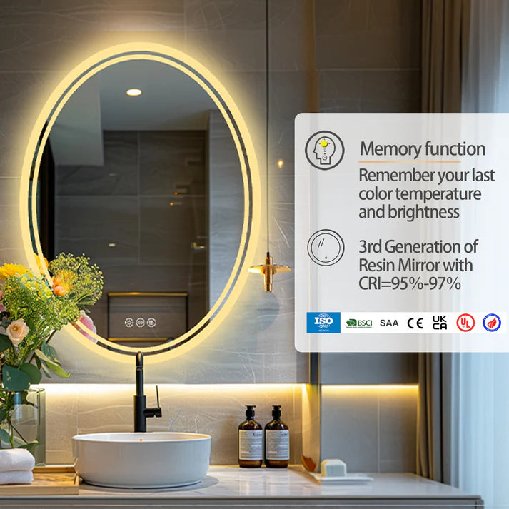 Backlit Light Oval LED Makeup Bathroom Mirror, Wall Mounted Vanity Mirror, Frameless ,Anti-Fog