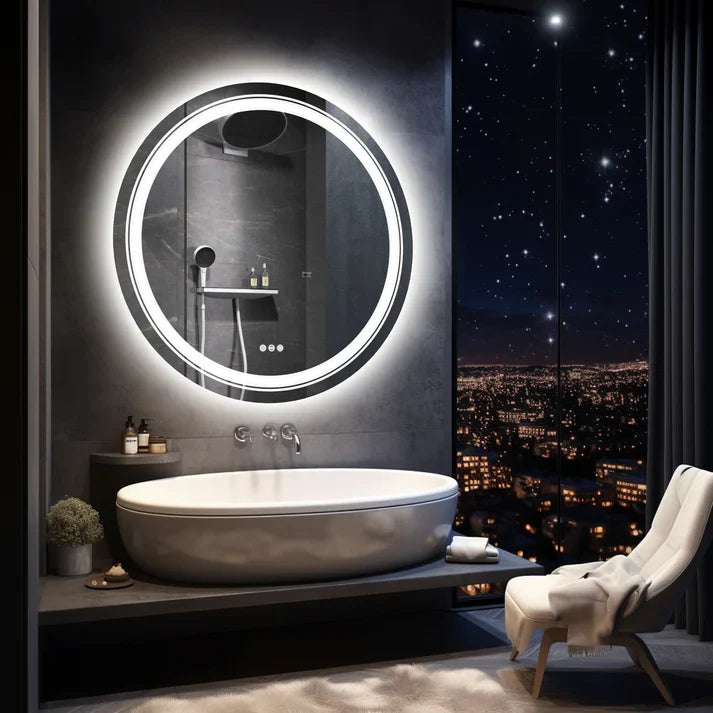 Round Double Lights LED Bathroom Smart Make up Mirror Dimmable, Anti-Fog Circle Wall Mounted Mirror