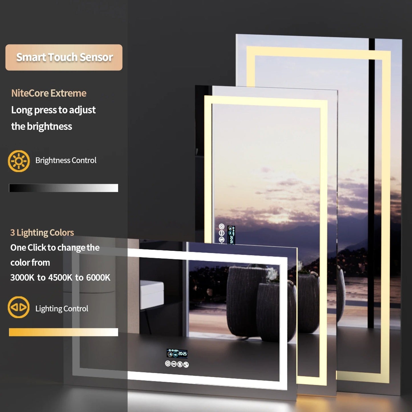 Smart LED Bathroom Mirror With Bluetooth,Multiple Size Rectangle Double Lights with Anti-Fog, 3 Color