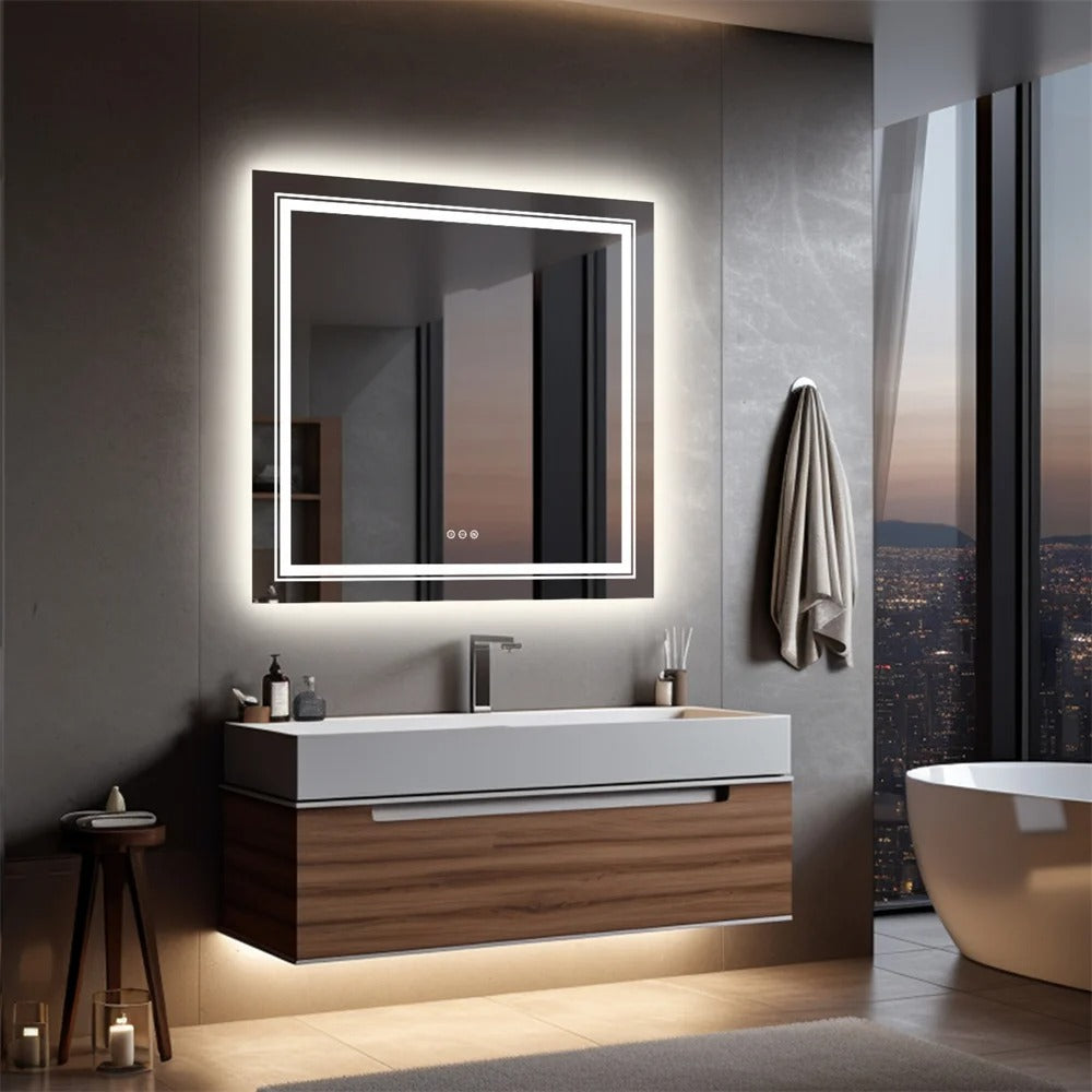 Double Light Square LED Illuminated Mirror Bathroom Makeup Mirror with Dimmable,Anti-Fog