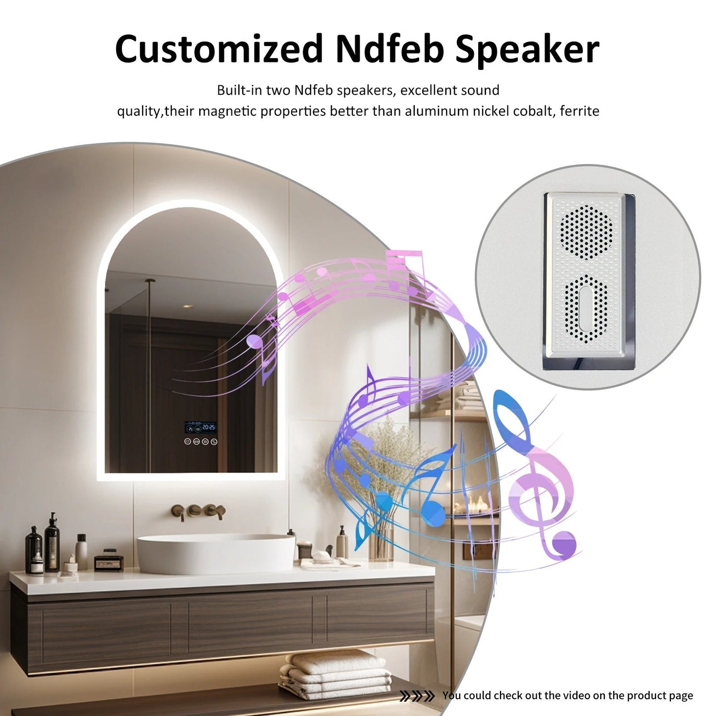 Arched LED Backlit Bluetooth Bathroom Mirror – 24x36" Dimmable, Fogless Vanity Mirror with Time & Temperature Display