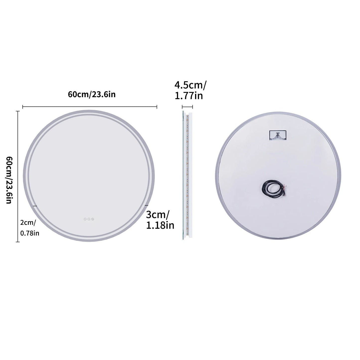 Round Backlit Light Bathroom Smart Mirror,Wall Mounted, Anti-Fog, 3 Color Settings