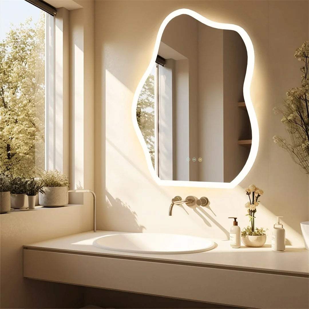 Cloud-Shaped Crystal LED Bathroom Mirror with 3-Color Backlight – 24x32" Backlit Fogless Vanity Mirror