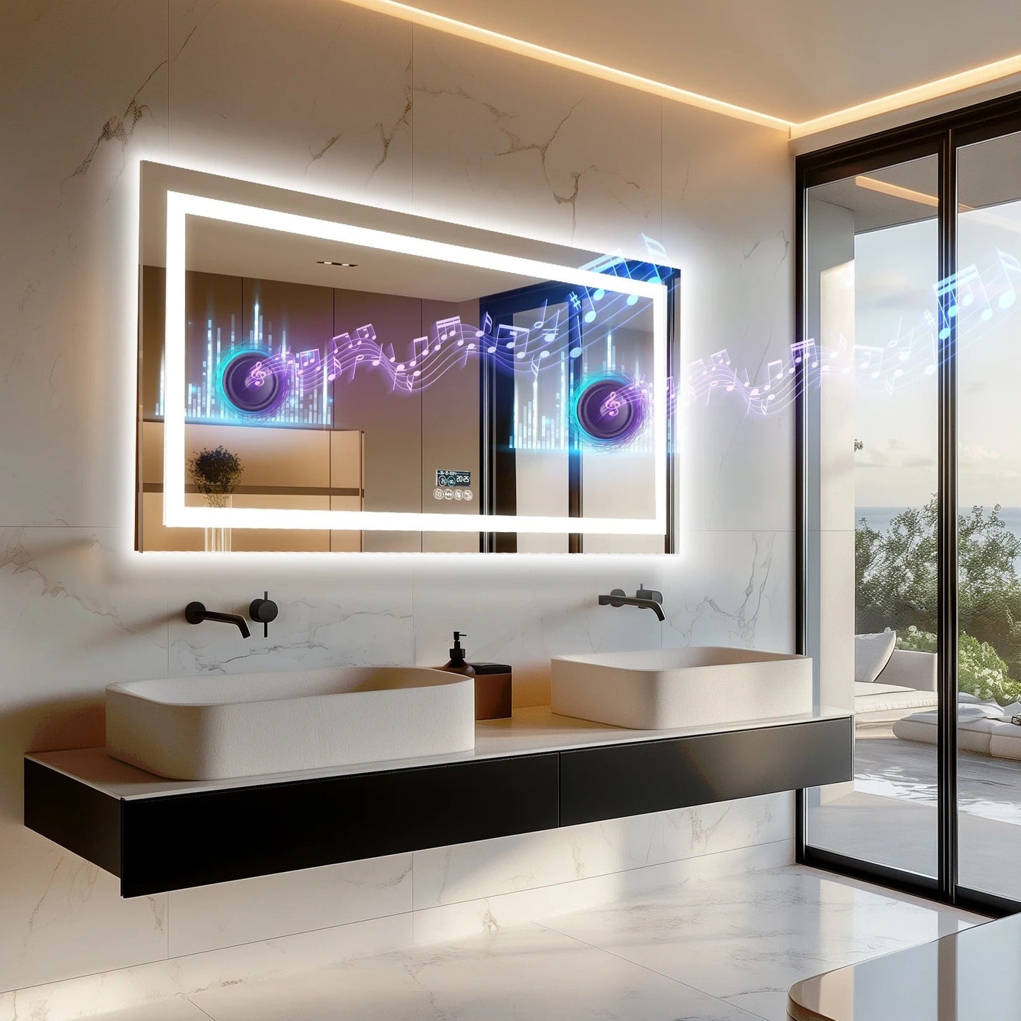 Smart LED Bathroom Mirror With Bluetooth,Multiple Size Rectangle Double Lights with Anti-Fog, 3 Color