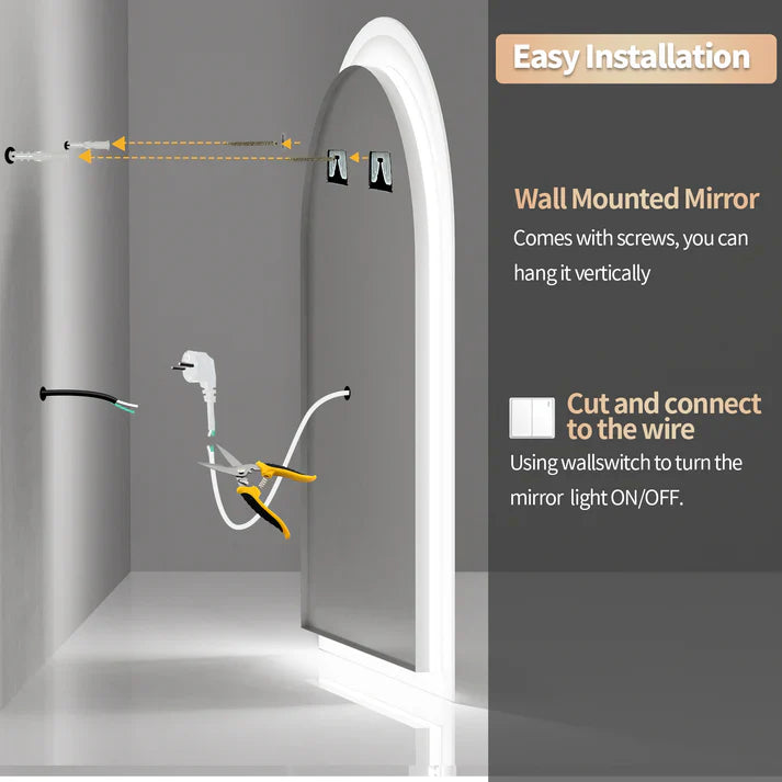 Backlit Arched Mirror with LED Light, Smart LED Bathroom Mirror, Wall Mounted, Anti-Fog