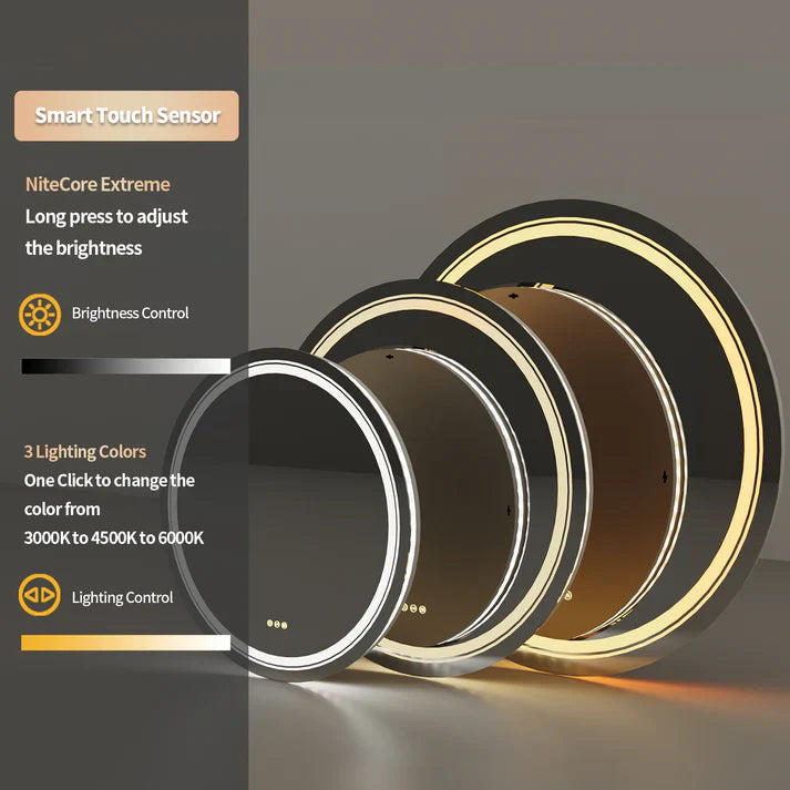 Round Double Lights LED Bathroom Smart Make up Mirror Dimmable, Anti-Fog Circle Wall Mounted Mirror