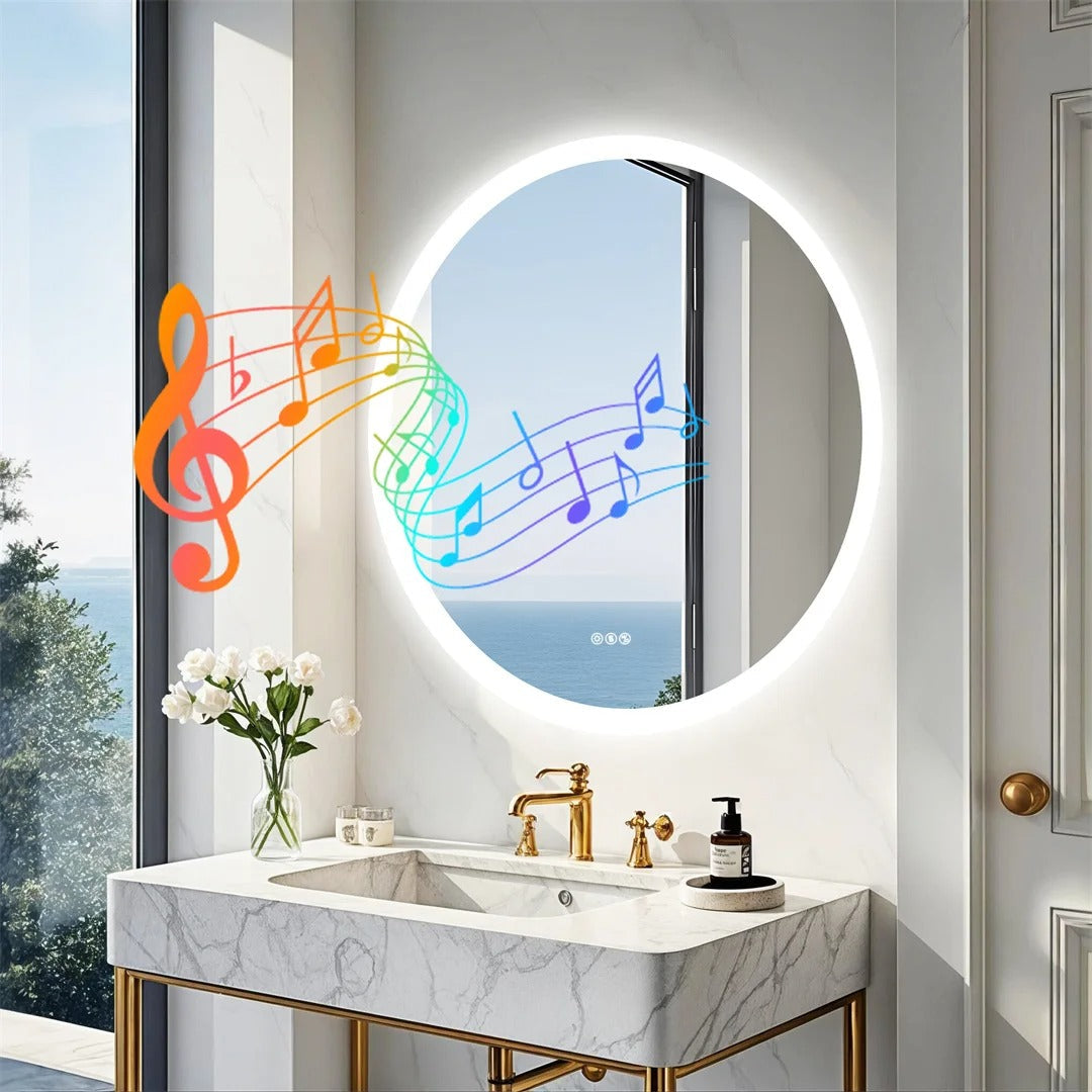 32-Inch Round LED Bathroom Mirror with Bluetooth Speakers – Wall-Mounted Lighted Vanity Mirror with Anti-Fog Function