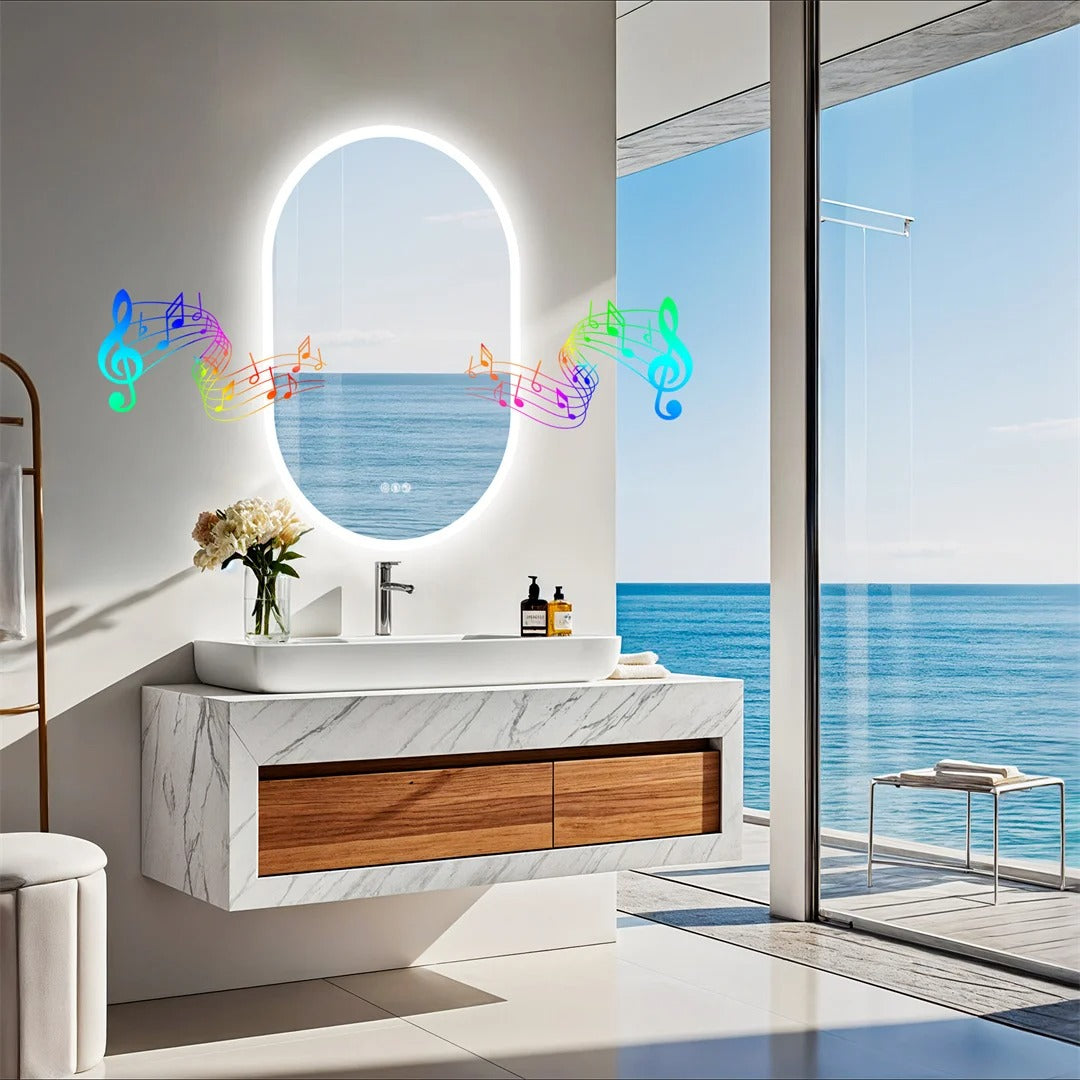 Oval Smart Illuminated Bathroom Vanity Mirror With Bluetooth Speakers, 24x36"