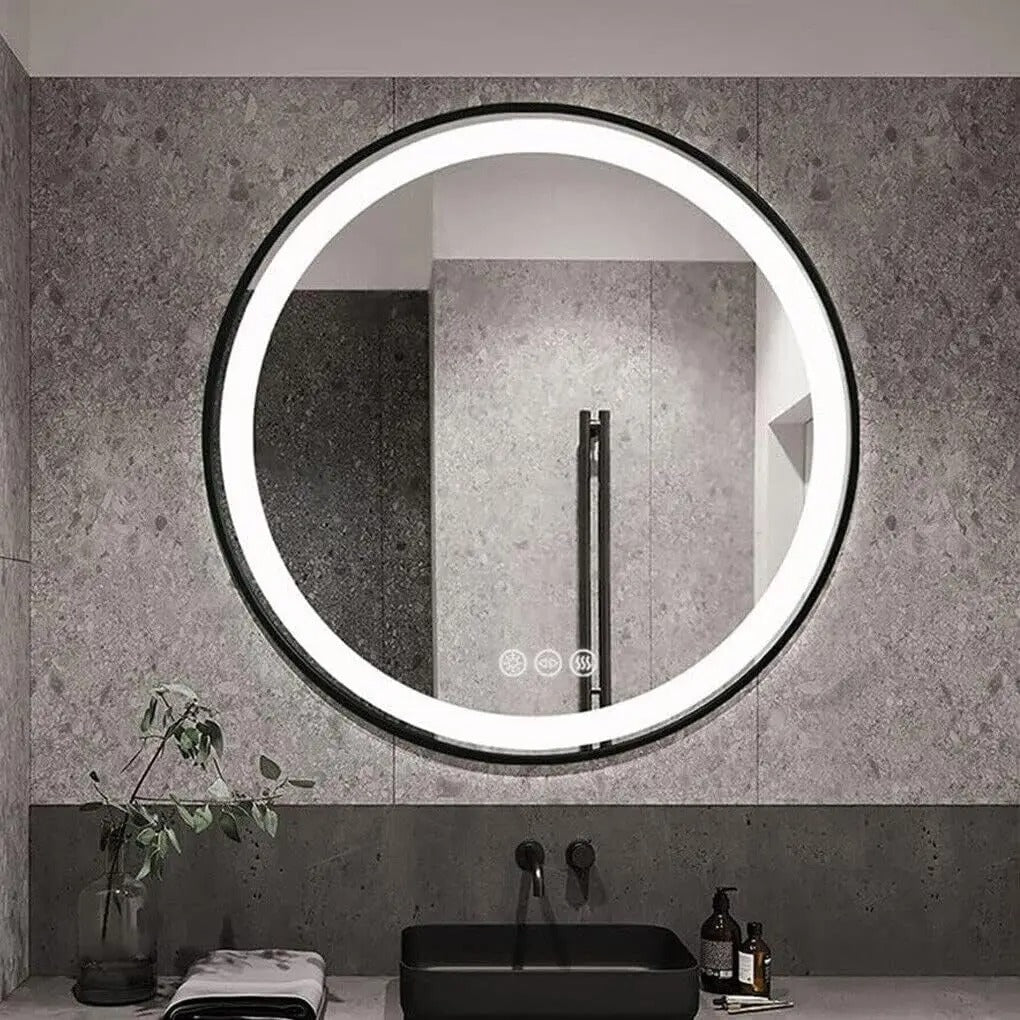 Black Frame Round Bathroom Mirrorwith Front Light, Anti-Fog & Dimmable Touch Switch