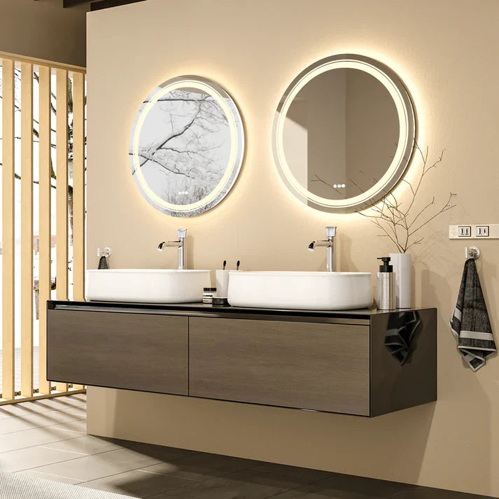 Round Double Lights LED Bathroom Smart Make up Mirror Dimmable, Anti-Fog Circle Wall Mounted Mirror