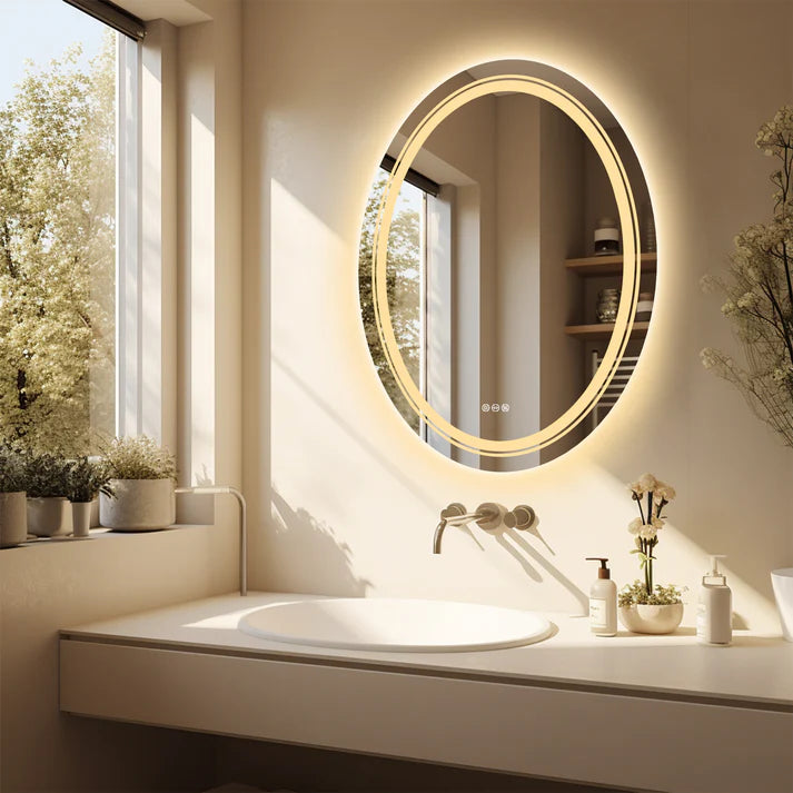 Double Light OVAL LED Illuminated Mirror Bathroom Makeup Mirror with Dimmable