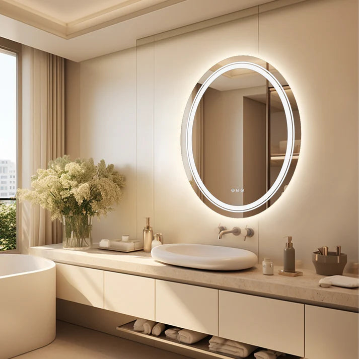 Double Light OVAL LED Illuminated Mirror Bathroom Makeup Mirror with Dimmable