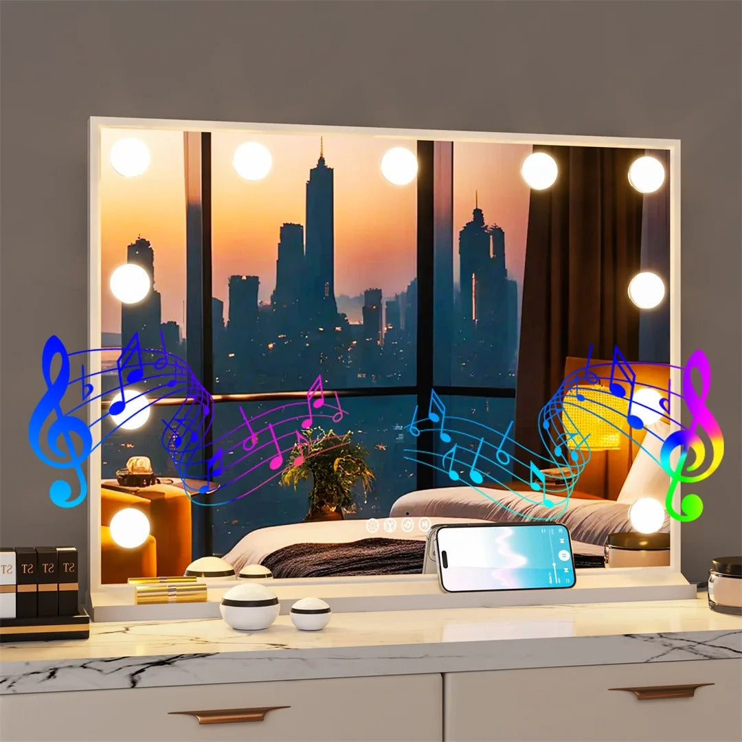 32”x24” Hollywood Lighted Makeup Mirror – Large Rectangle Tabletop RGB Vanity Mirror with Bluetooth Speakers, USB Charging & Phone Stand