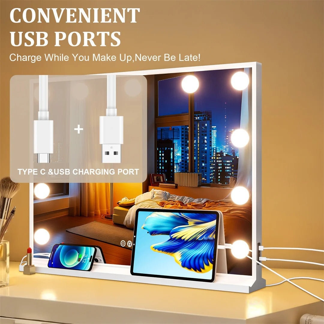 32”x24” Hollywood Lighted Makeup Mirror – Large Rectangle Tabletop RGB Vanity Mirror with Bluetooth Speakers, USB Charging & Phone Stand