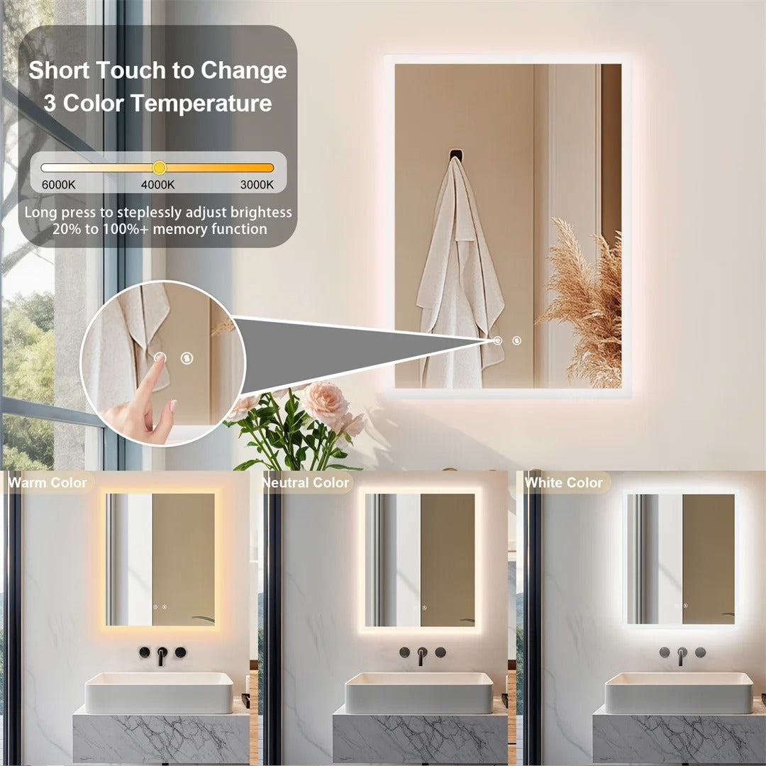Backlit Rectangle Vanity Mirror with Touch Sensor & Anti-Fog Function, Wall-Mounted LED Bathroom Mirror