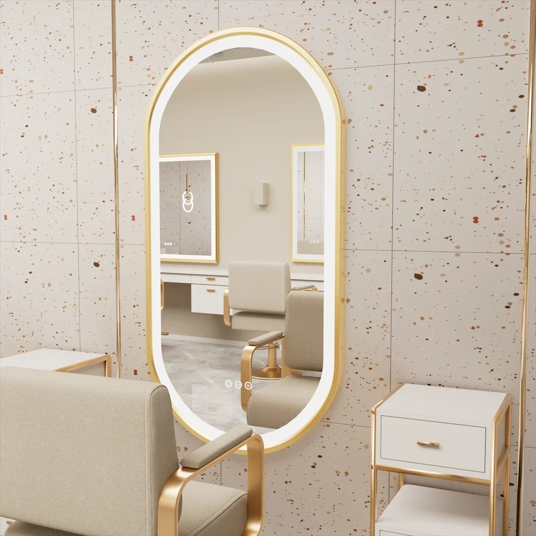 Oval Gold Aluminum Frame Frontlit LED Smart Bathroom Illumination Mirror, Wall Mounted, Anti-Fog