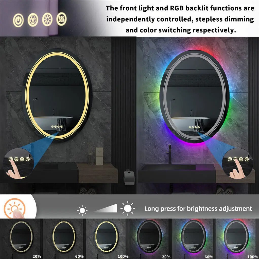 Oval Glitzy RGB Double Light LED Bathroom Mirror RGB Color Changing Dimmable Anti-Fog