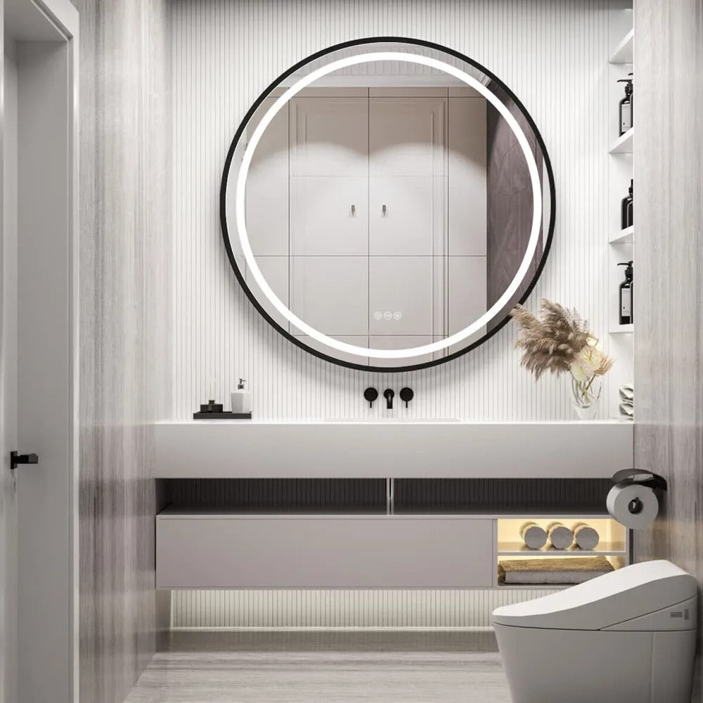 Black Frame Round Bathroom Mirrorwith Front Light, Anti-Fog & Dimmable Touch Switch