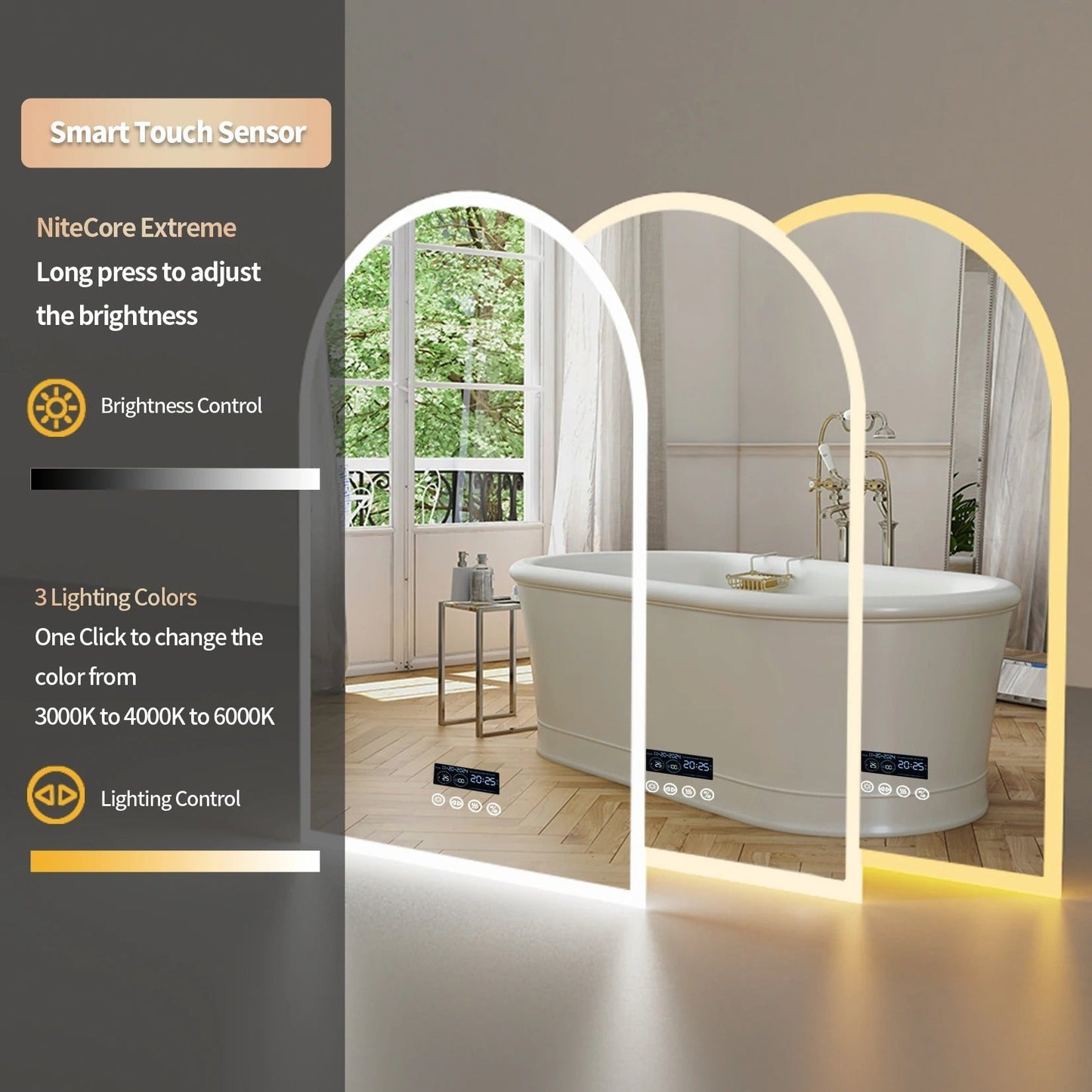 Arched LED Backlit Bluetooth Bathroom Mirror – 24x36" Dimmable, Fogless Vanity Mirror with Time & Temperature Display