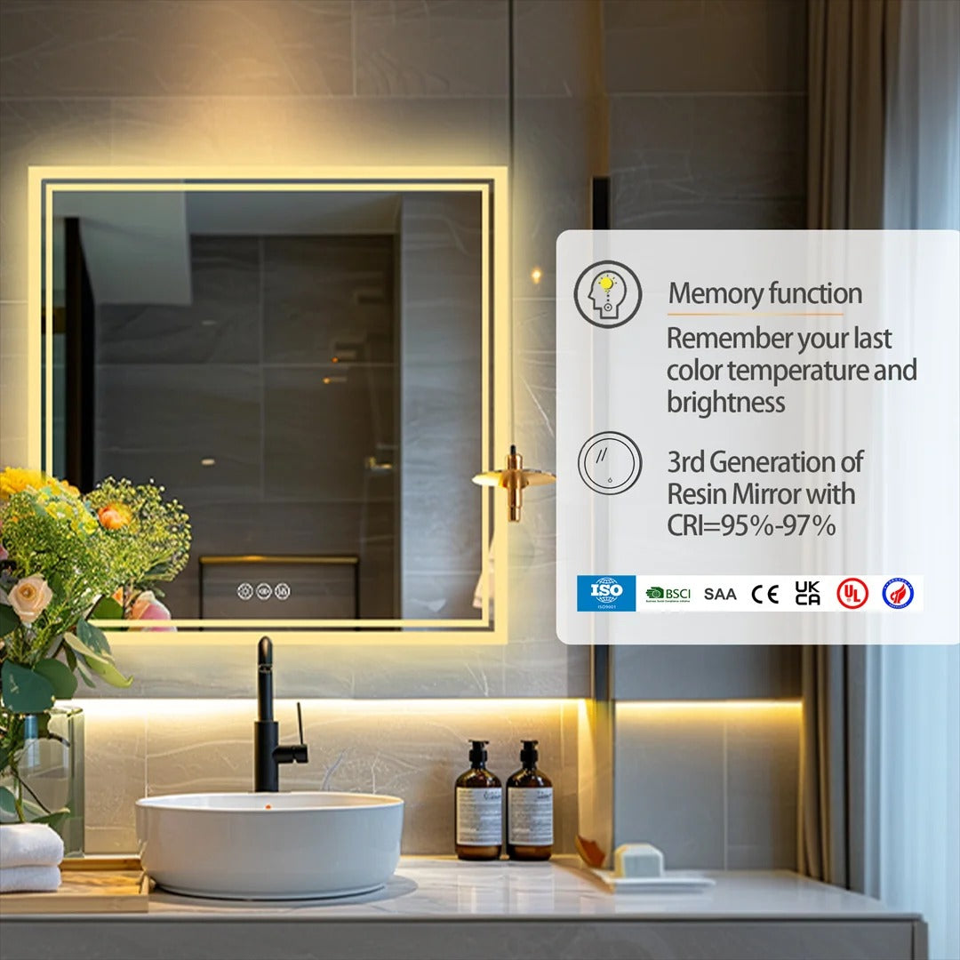 Backlit Light Square LED Makeup Bathroom Mirror or Wall Mounted, Vanity Mirror Frameless ,Anti-Fog
