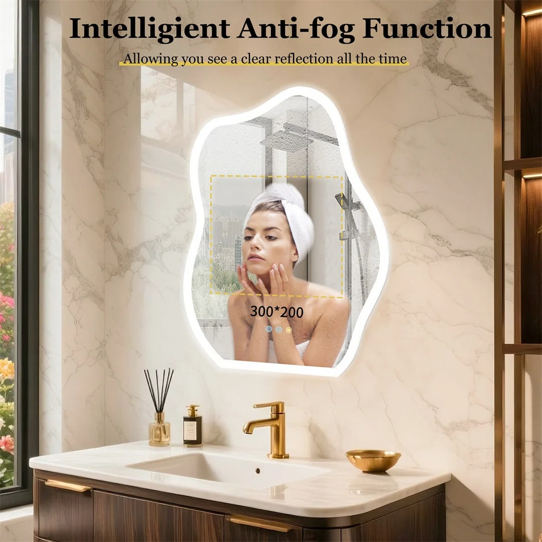 Cloud-Shaped Crystal LED Bathroom Mirror with 3-Color Backlight – 24x32" Backlit Fogless Vanity Mirror