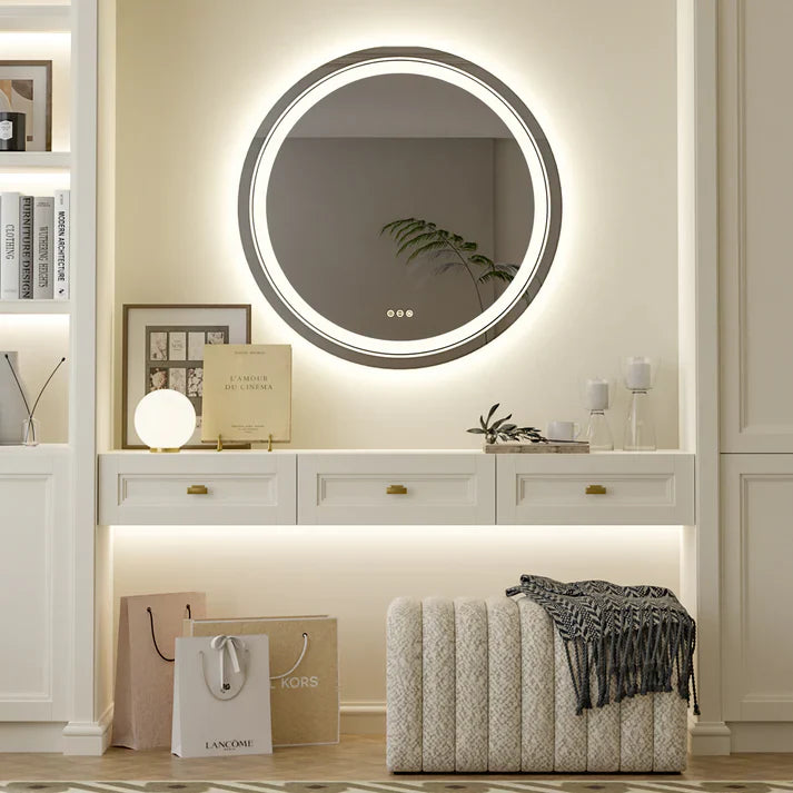 Round Double Lights LED Bathroom Smart Make up Mirror Dimmable, Anti-Fog Circle Wall Mounted Mirror