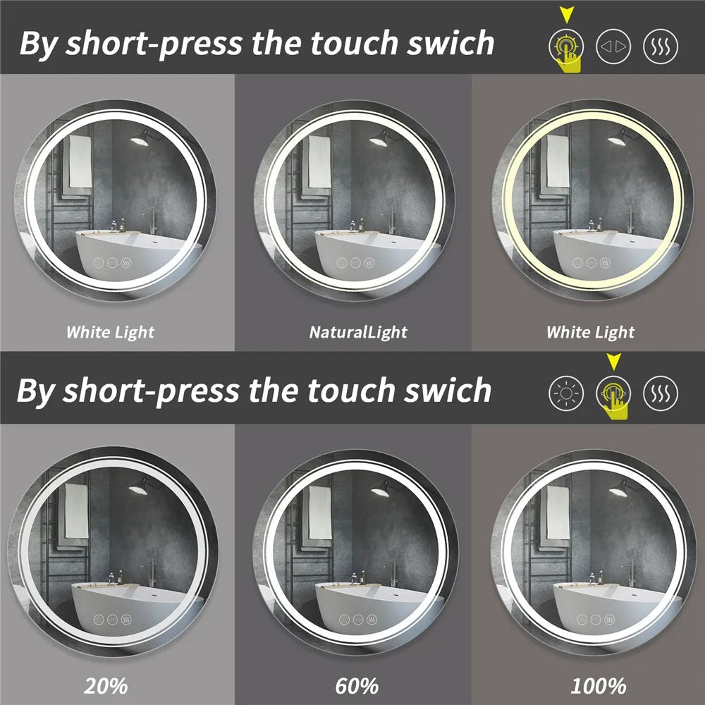 Round Double Lights LED Bathroom Smart Make up Mirror Dimmable, Anti-Fog Circle Wall Mounted Mirror