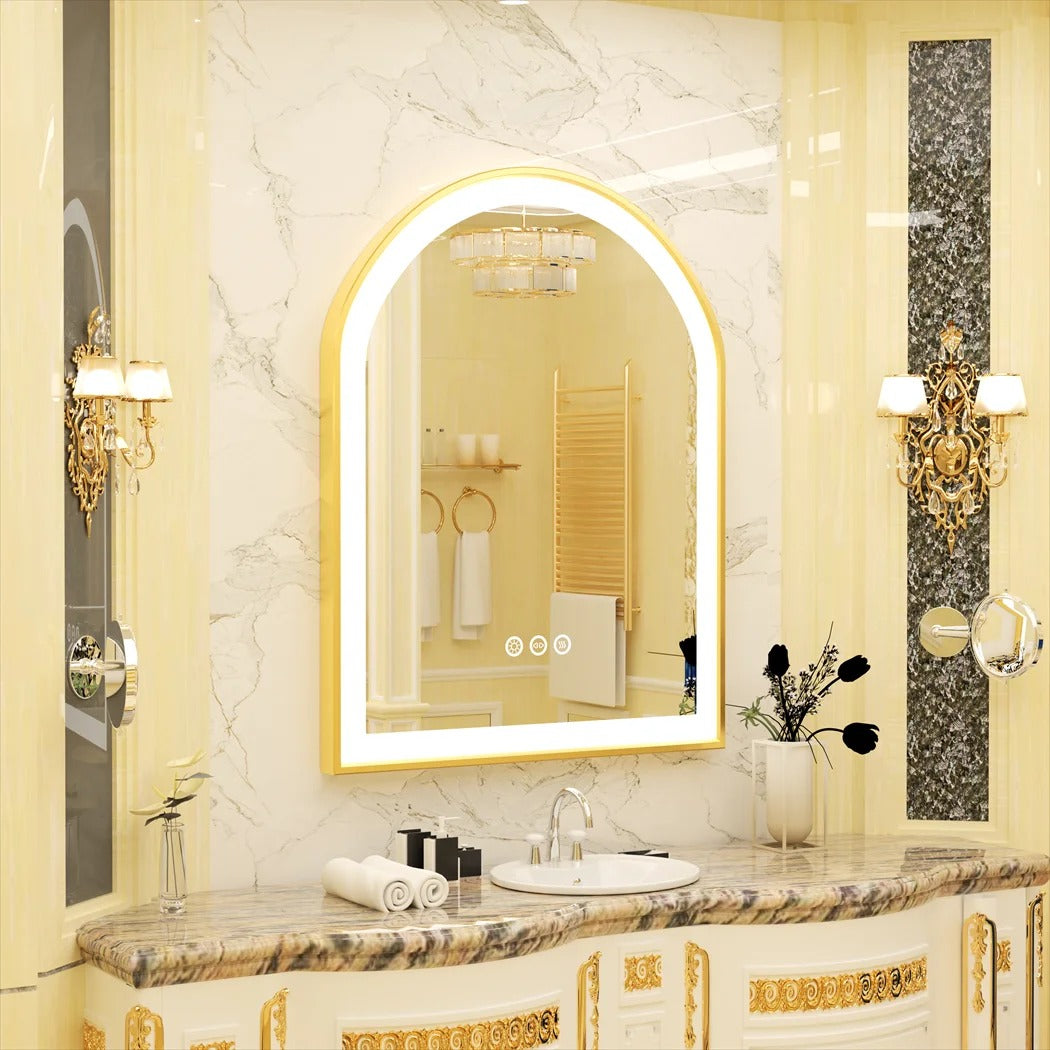 Gold Aluminum Frame Arch Front Light Anti-Fog Bathroom Mirror, 36x24"