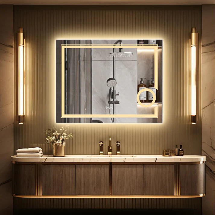 Double lights Smart LED Rectangle Bathroom Mirror with 3X Magnifier
