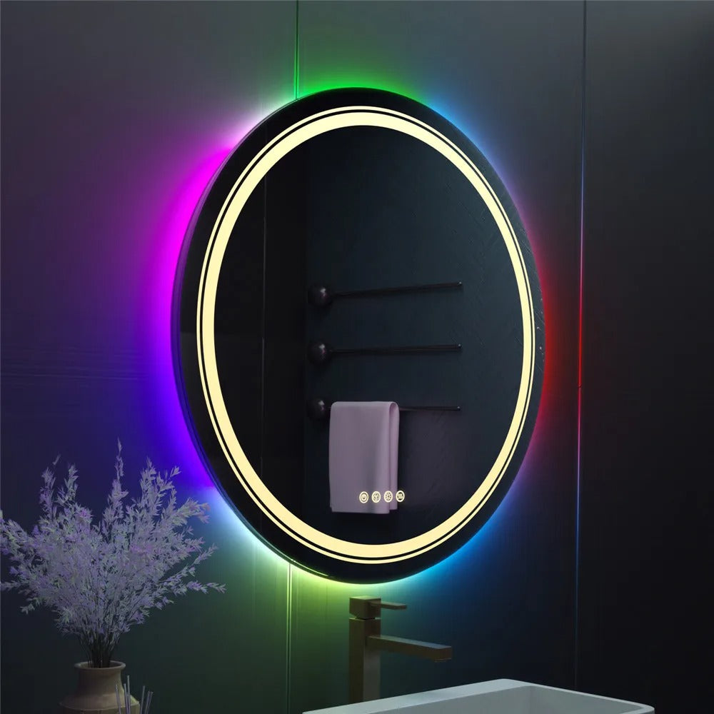 Oval Glitzy RGB Double Light LED Bathroom Mirror RGB Color Changing Dimmable Anti-Fog