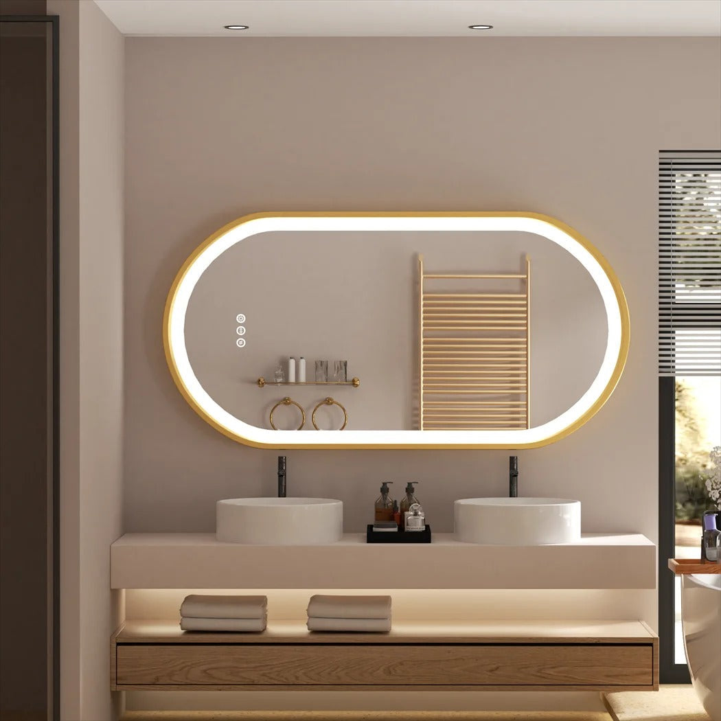 Oval Gold Aluminum Frame Frontlit LED Smart Bathroom Illumination Mirror, Wall Mounted, Anti-Fog