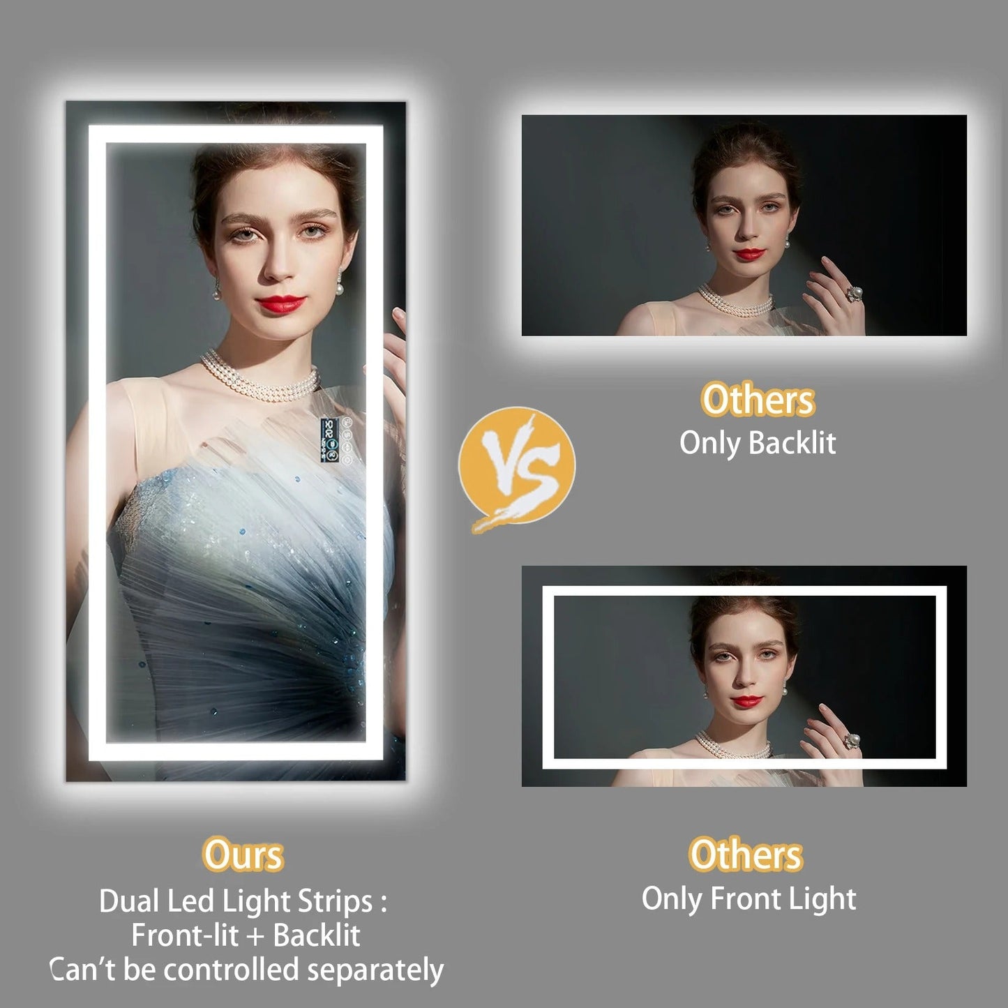 Smart LED Bathroom Mirror With Bluetooth,Multiple Size Rectangle Double Lights with Anti-Fog, 3 Color