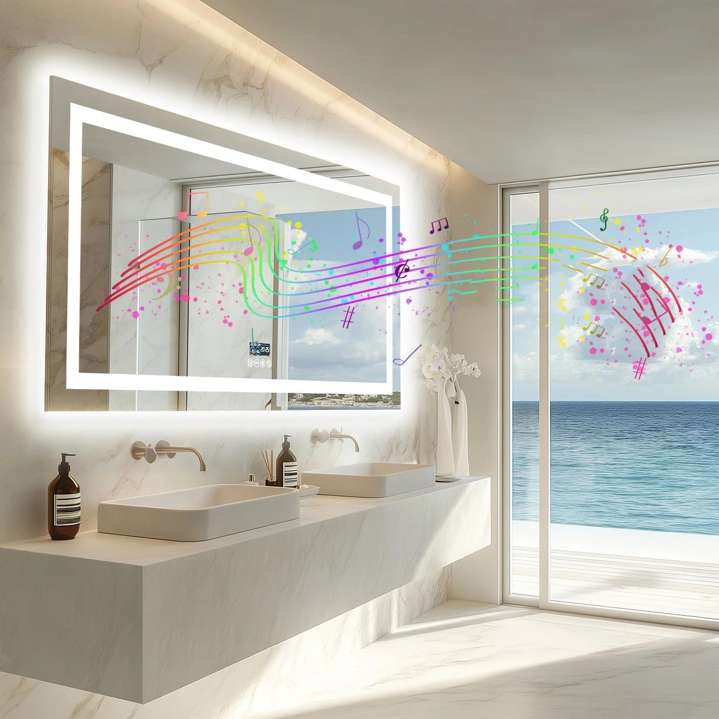 Smart LED Bathroom Mirror With Bluetooth,Multiple Size Rectangle Double Lights with Anti-Fog, 3 Color